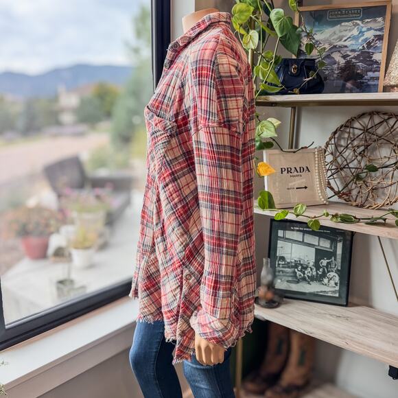 Free People Juniper Ridge Plaid Button Down Shirt w/ Raw Hem, Women's Large - Picture 13 of 15
